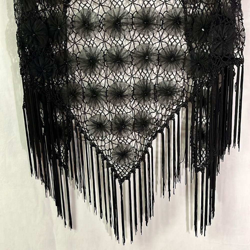 Black Crochet Beaded Floral Fringe Shawl - Picture 12 of 15